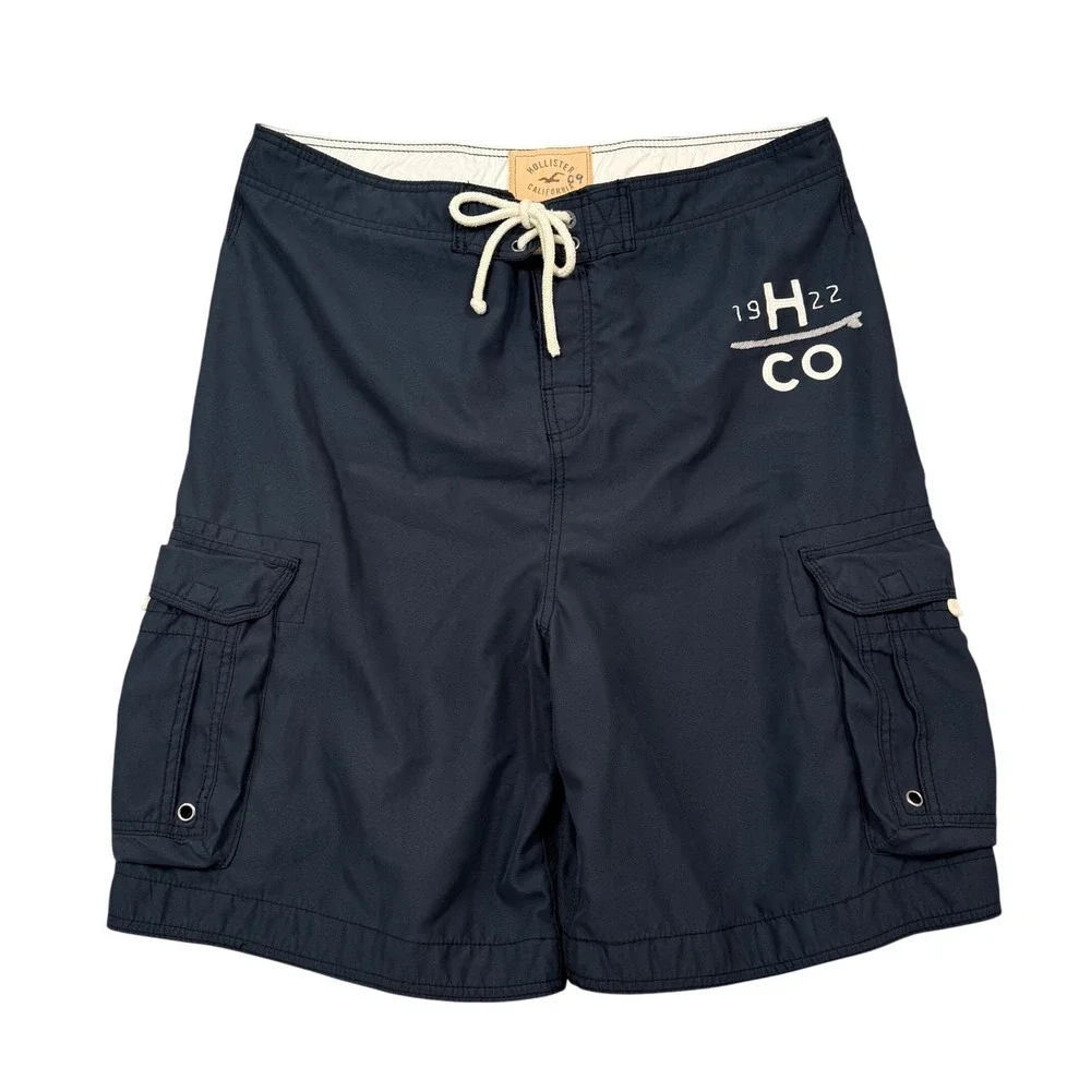 VTG Y2K Hollister Men XL Cargo Board Shorts Navy Blue Swim Trunks 1922